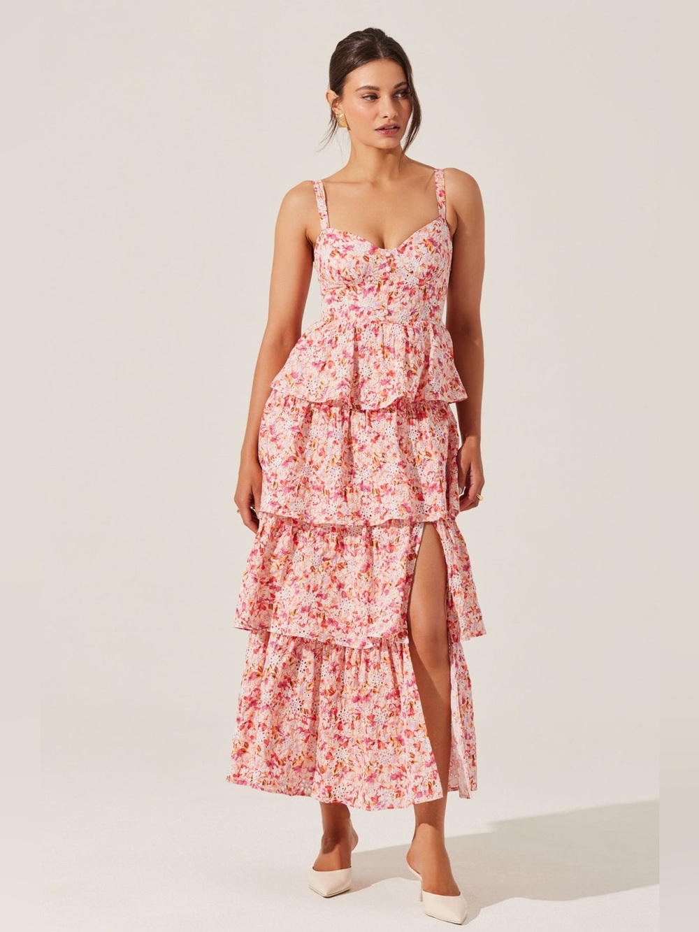 ASTR The Label Midsummer Eyelet Tiered Floral Maxi Dress Pink. Size small